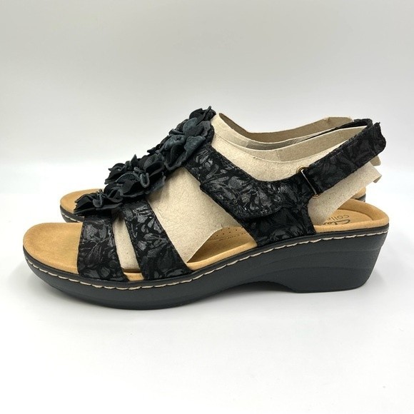 Clarks Women's Merliah Sheryl Black Leather Floral T-Strap Wedge Sandals Shoes 9 - Picture 6 of 12